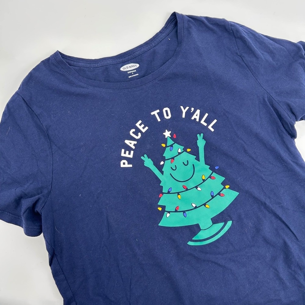 Old Navy Christmas Tree Peace to Yall Graphic T Shirt‎ Navy Blue Size L